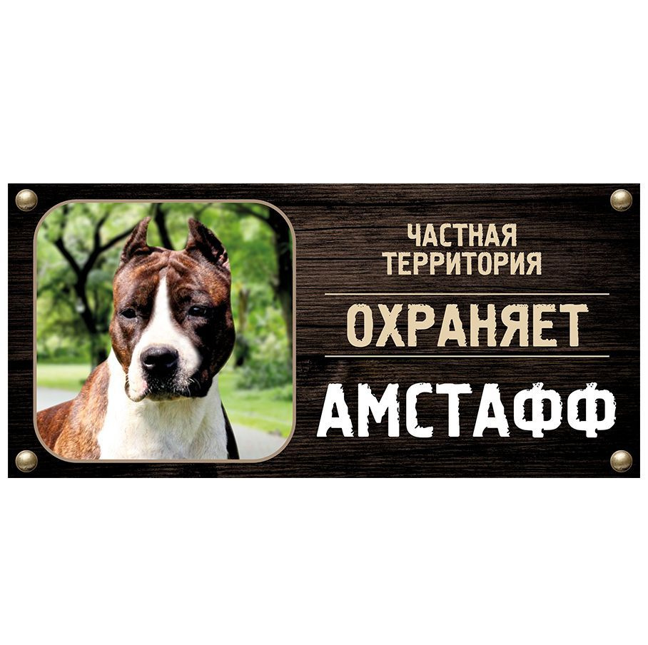 Табличка, Злая собака, Территорию охраняет Амстафф, на металлической основе, 30см х 14 см, на забор, #1