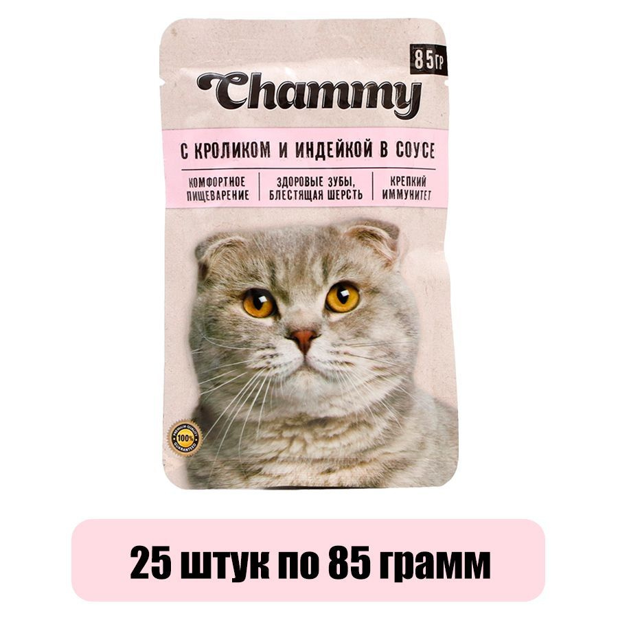 Влажный корм для кошек CHAMMY с кроликом и индейкой в соусе 85 г, 25 шт  #1