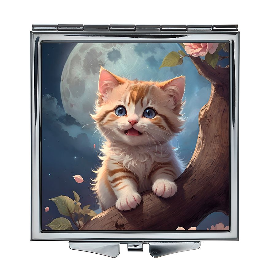 Складное зеркало квадратное Котёнок на дереве #1