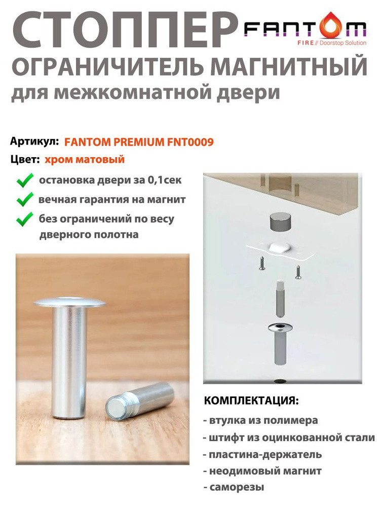 Упор магнитный автоматический скрытый FANTOM PREMIUM HGT006, МАТОВЫЙ ХРОМ  #1