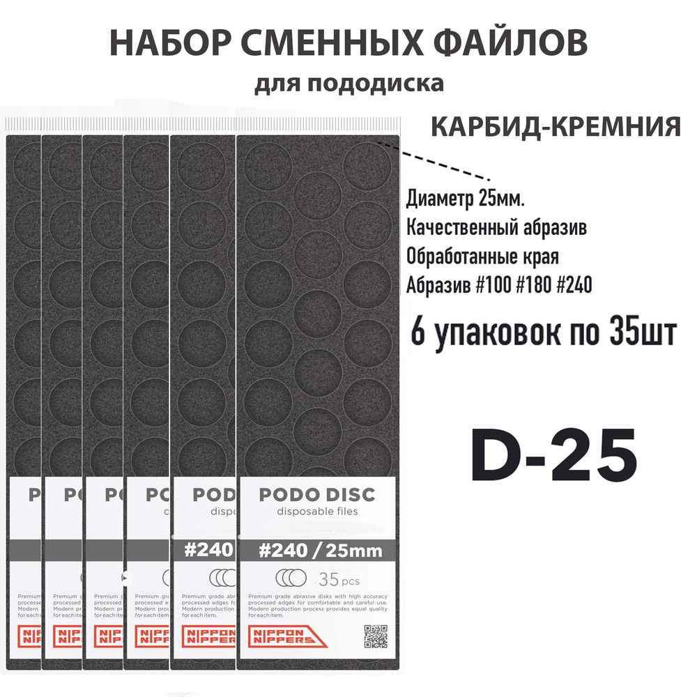 Наборы: Файлы для пододисков сменные одноразовые, карбид-кремния, 35 шт. Диаметр 25 мм., 100+100грт, #1