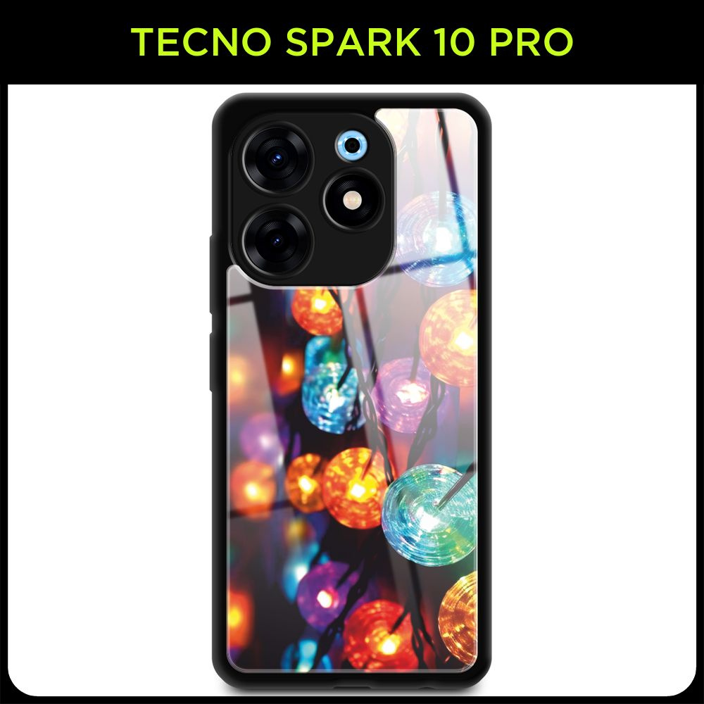 Стеклянный чехол на Tecno Spark 10 Pro / Техно Спарк10 Про с принтом "Новогодний - Огни гирлянд"  #1