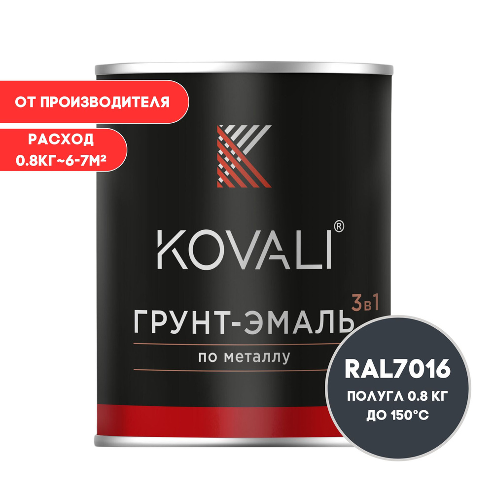 Грунт-эмаль 3 в 1 KOVALI полуглянец Серый антрацит RAL 7016 0,8кг краска по металлу, по ржавчине, быстросохнущая #1