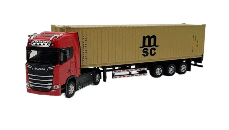 Модель грузовика тягач Скания с прицепом-контейнером, инерционная, свет-звук, 31 см.  #1