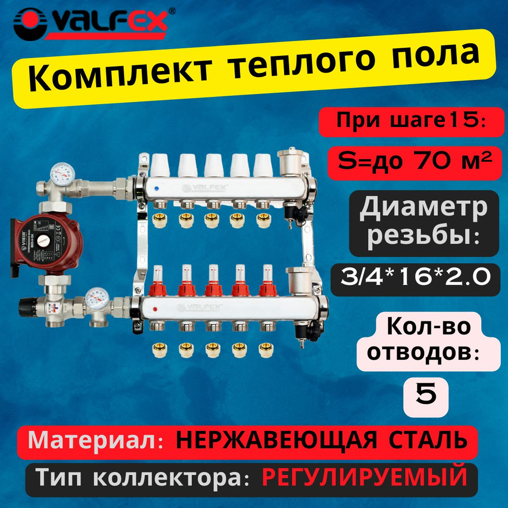 Комплект для теплого пола на 5 выходов VALFEX (Коллектор на 5 контураов, Насос циркуляционный , Евроконусы, #1