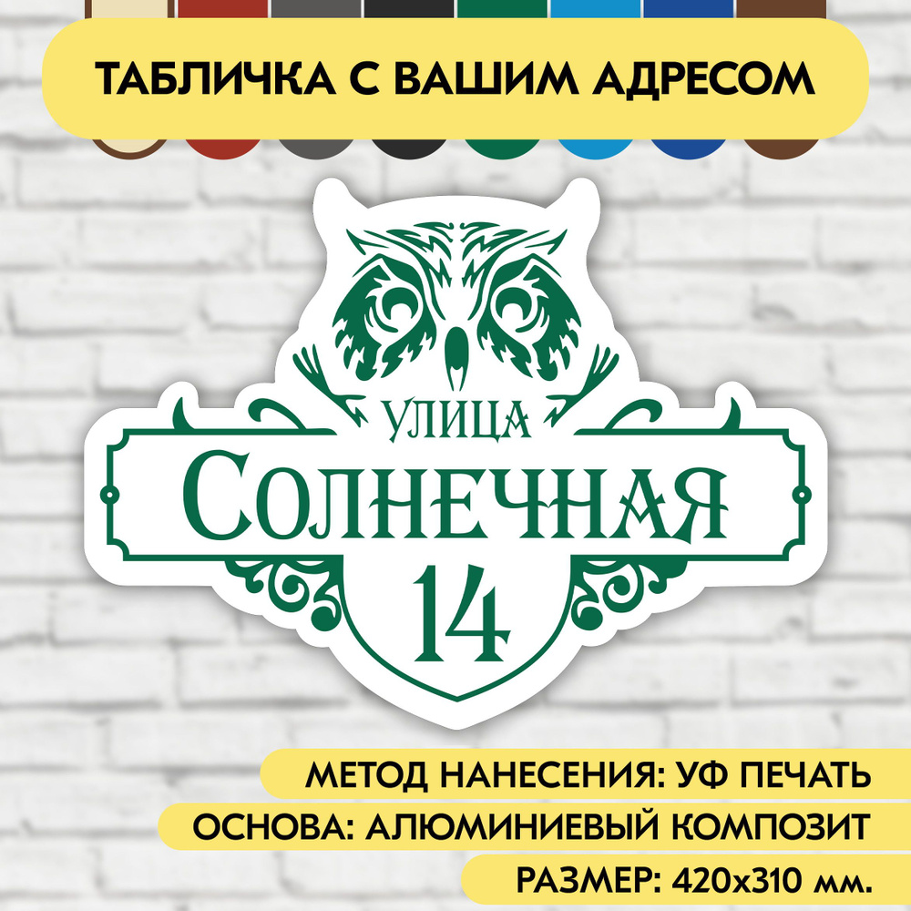 Адресная табличка на дом 420х310 мм. "Домовой знак Сова", бело- зелёная, из алюминиевого композита, УФ #1