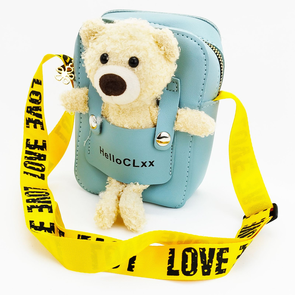 Детская сумочка на плечо с Мишкой, цвет - голубой / Сумка с мягкой игрушкой для девочки  #1