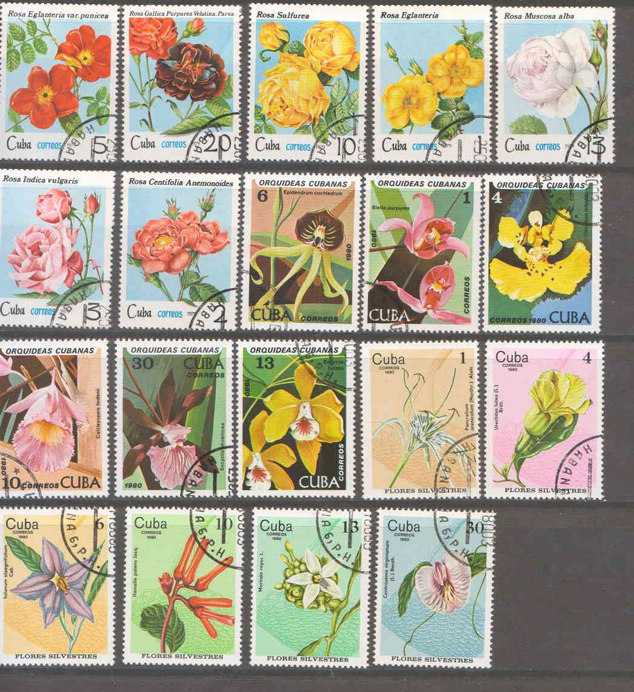 Набор из 19 почтовых марок "Цветы: розы и орхидеи".Куба, 1970-1980  #1