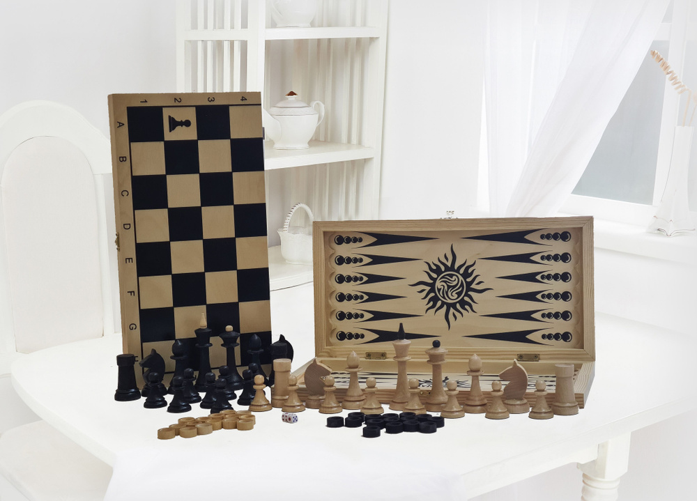 Игра 3в1 малая с гроссмейстерскими деревянными шахматами "Объедовские" (нарды, шахматы, шашки) "Классика" #1