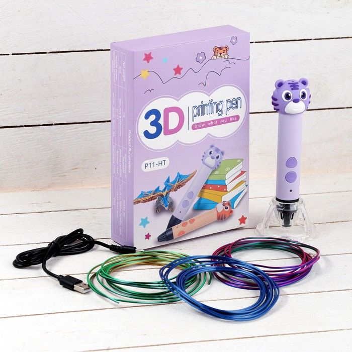 3D ручка Тигрёнок, работа с пластиком PLA, USB кабель питания, фиолетовая  #1