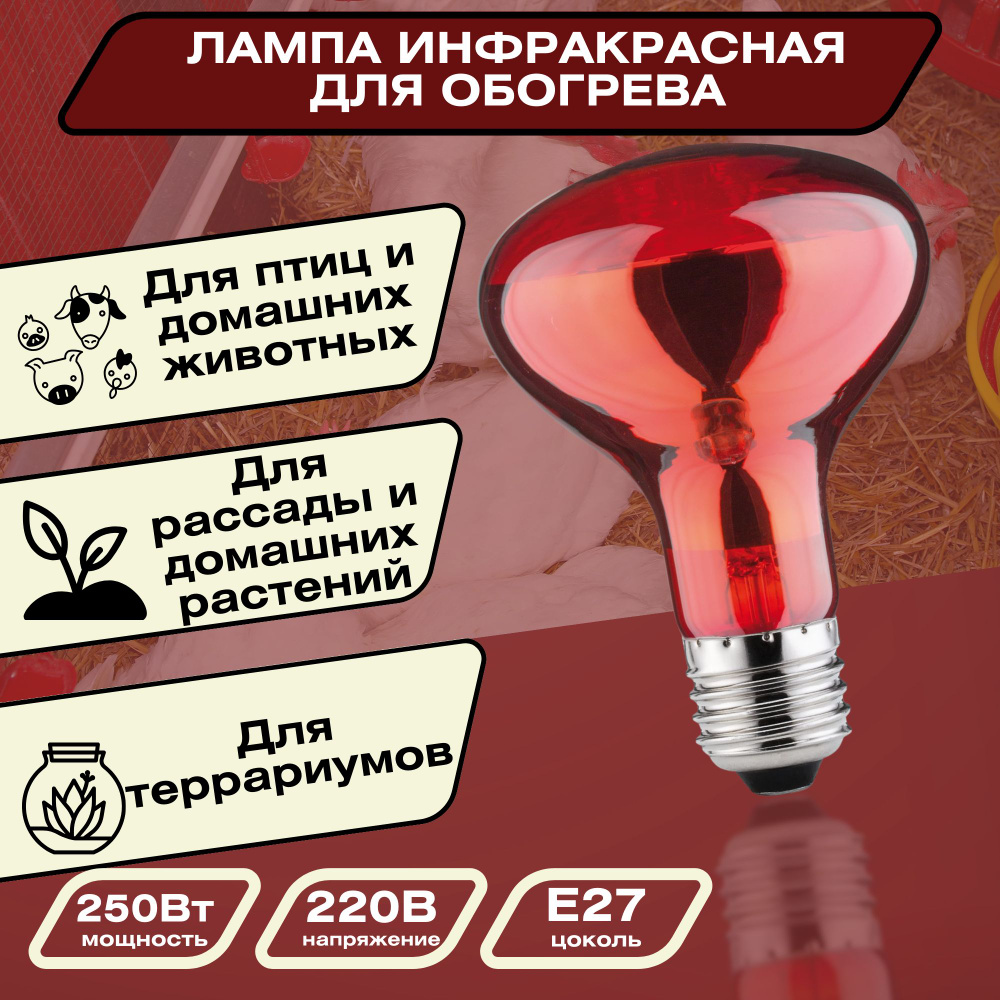Инфракрасная лампа для обогрева курятника, террариума и теплиц, цоколь Е27, 250 Вт. Не сжигает кислород #1
