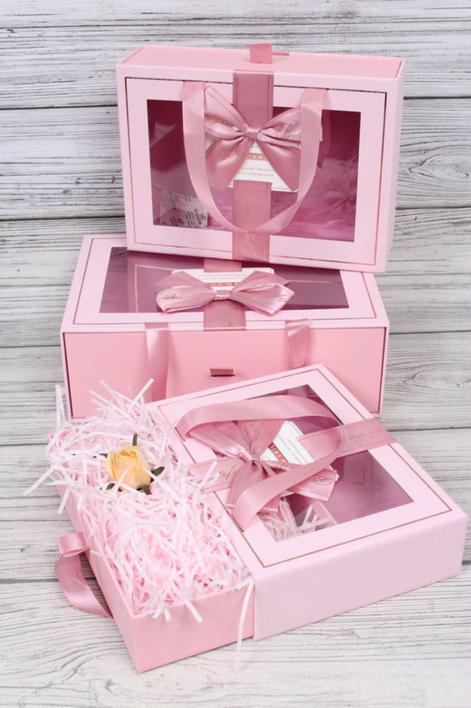Набор подарочных коробок из 3шт - Прямоугольник с окном и наполнит. сумочка розовая 29*21*10см К705  #1