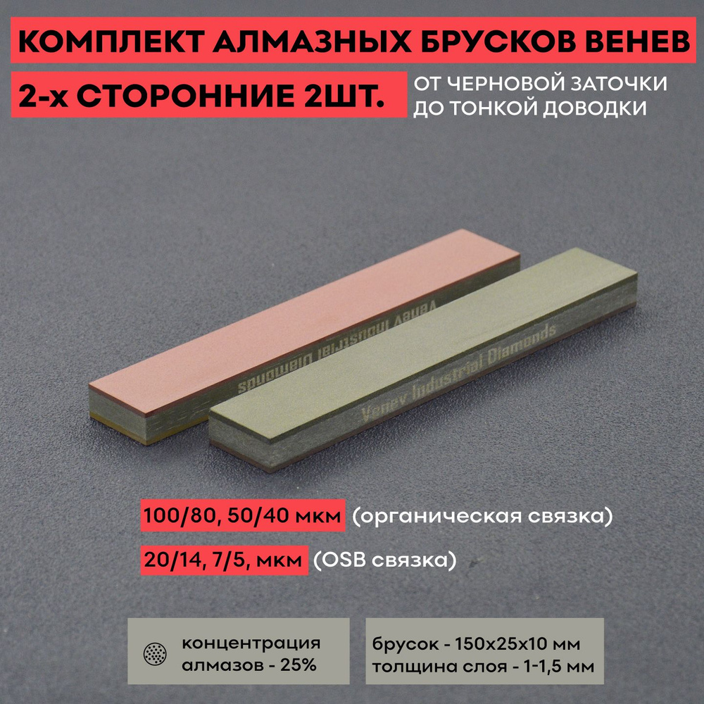 Комплект 2-х сторонних алмазных брусков Венев C25%, 25мм, 2шт., точилка для ножей  #1