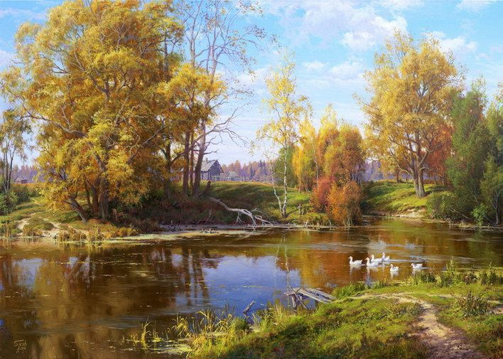 Картина по номерам на холсте 40х50 40 x 50 на подрамнике "Сельский пруд осенью, Басов С." DVEKARTINKI #1