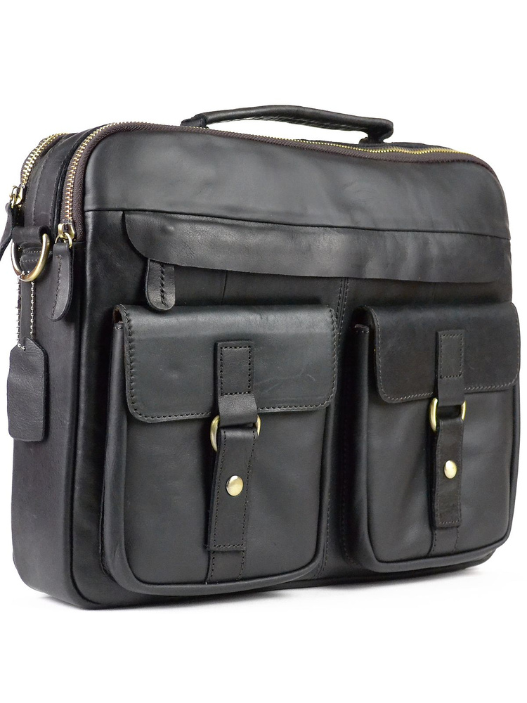 Мужская сумка портфель из натуральной кожи черный 35x28x7см  #1