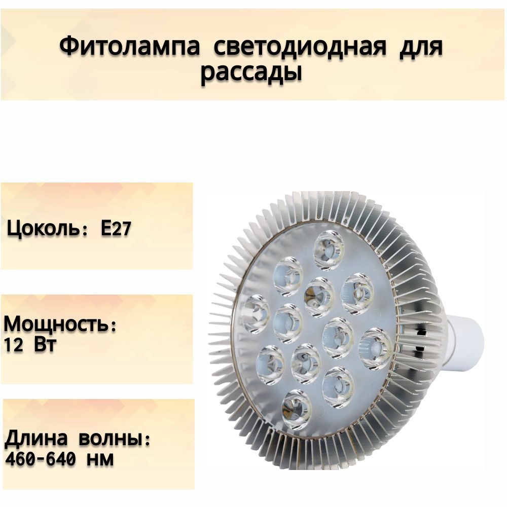 Фитолампа светодиодная для рассады E27 12 Вт красно-синий спектр розовый свет. Активизирует процесс фотосинтеза #1