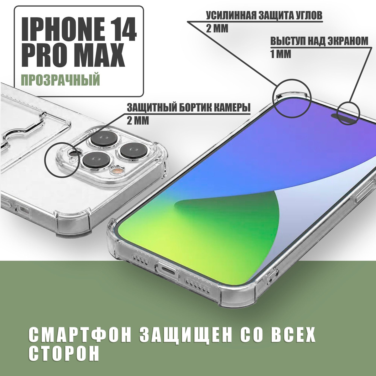 Противоударный чехол с кармашком для карт для Apple iPhone 14 Pro Max / силиконовый прозрачный чехол с защитой камеры и картхолдер на Айфон 14 Про Макс