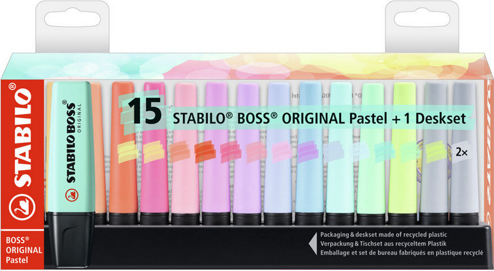 Набор текстовыделителей STABILO BOSS ORIGINAL Pastel, 15 пастельных цветов, на подставке  #1