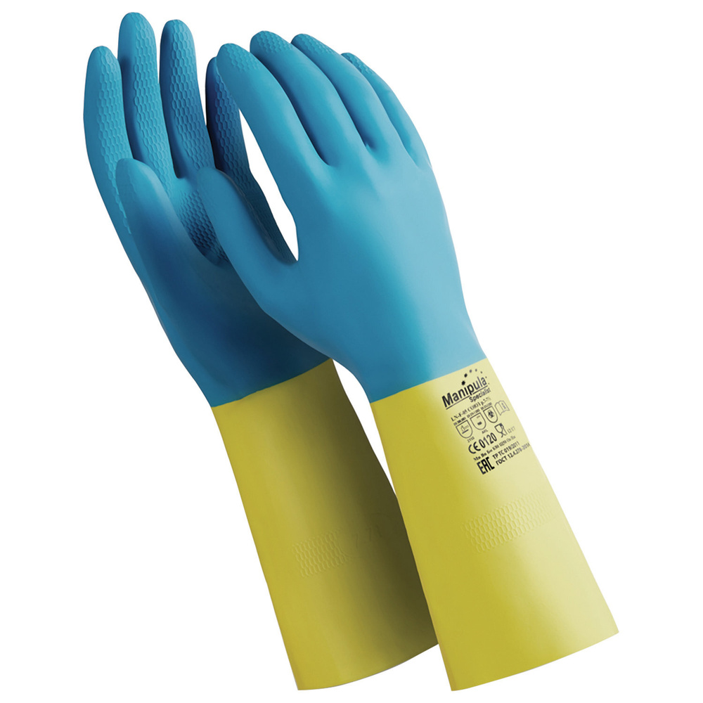 Перчатки латексно-неопреновые MANIPULA "Союз", хлопчатобумажное напыление, размер 10-10,5 (XL), синие/желтые, #1