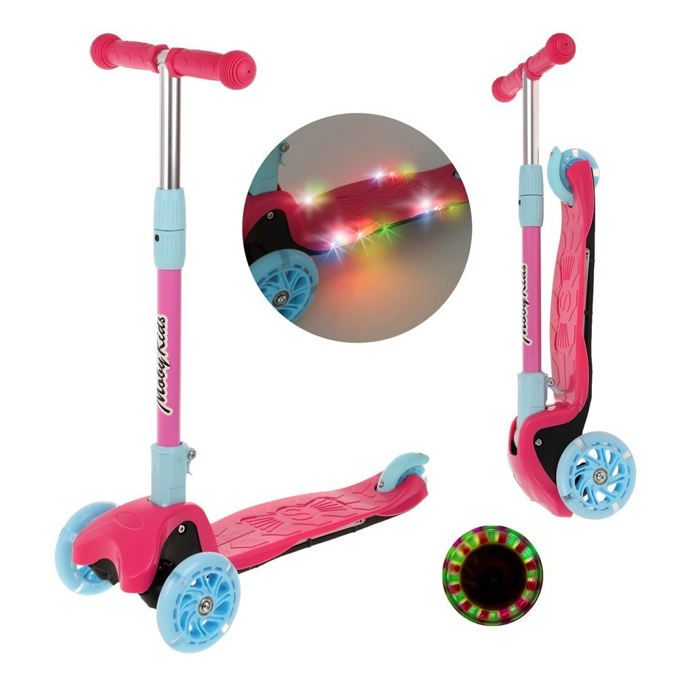 Самокат Moby Kids Disco, складной, колеса 120 PU со светом, свет и звук на деке, розовый (641464)  #1