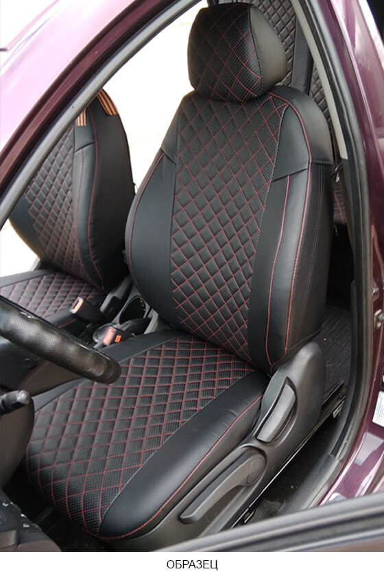 Чехлы автомобильных сидений для Lada Xray / Лада Икс Рей, РОМБ/отстрочка красная, черная экокожа  #1
