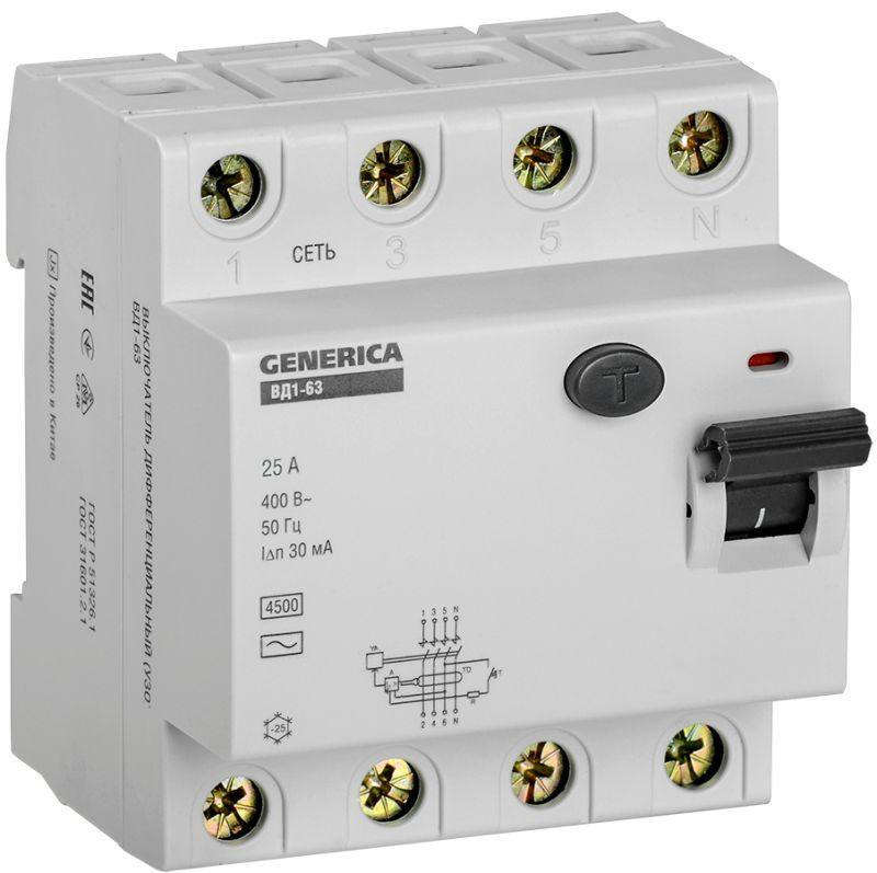 Выключатель дифференциального тока (УЗО) 4п 25А 30мА тип AC ВД1-63 GENERICA MDV15-4-025-030  #1