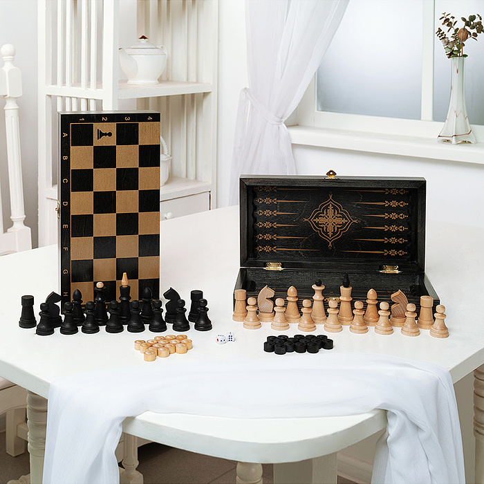Игра 3в1 дорожная черная, рисунок золото с обиходными деревянными шахматами "Объедовские" (нарды, ша #1