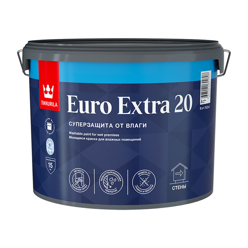 Краска акриловая Tikkurila Euro Extra 20 моющаяся белая основа А 9 л  #1