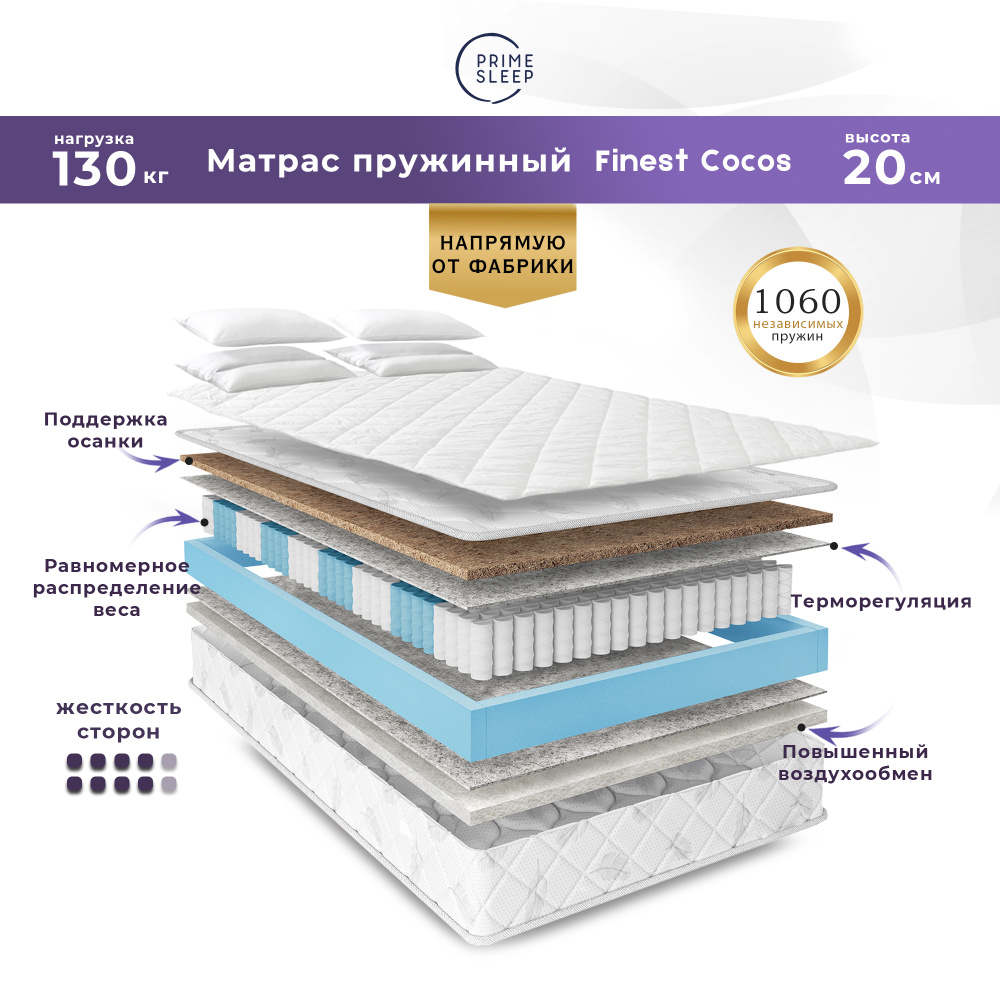 PRIME SLEEP Матрас Finest Cocos, Независимые пружины, 70х190 см #1