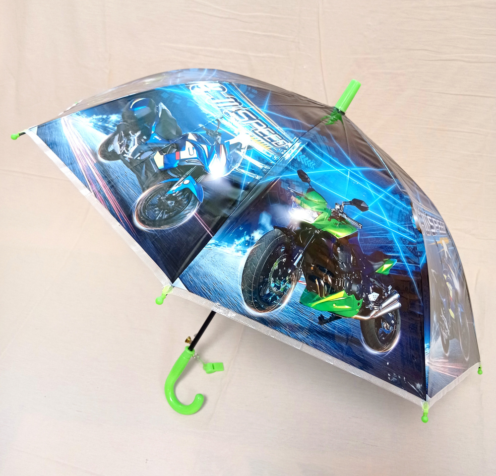 Зонт детский трость "Мотоциклы", диаметр купола 80 см, свисток в комплекте  #1