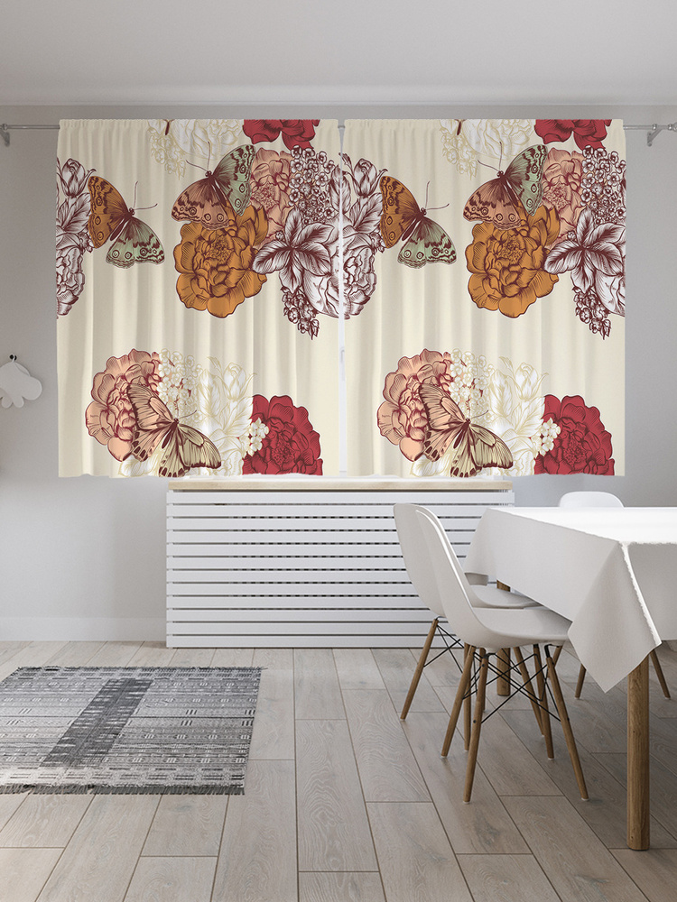 Фотошторы для кухни и спальни JoyArty "Бабочки на пионах", 2 полотна со шторной лентой шириной по 145 #1