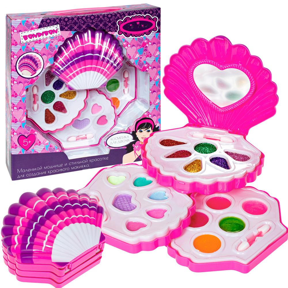 Набор декоративной косметики для девочек в косметичке РАКУШКА, трёхуровневый, розово сиреневый Eva Moda #1
