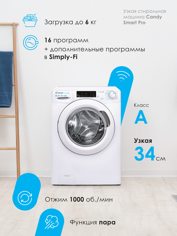 Узкая стиральная машина Candy Smart Pro CSO34 106T1/2-07, 6 кг, 16 программ, Wi-Fi + Bluetooth, белый #1