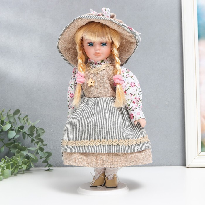 Кукла коллекционная керамика "Ирина в платье в полоску" 30 см  #1