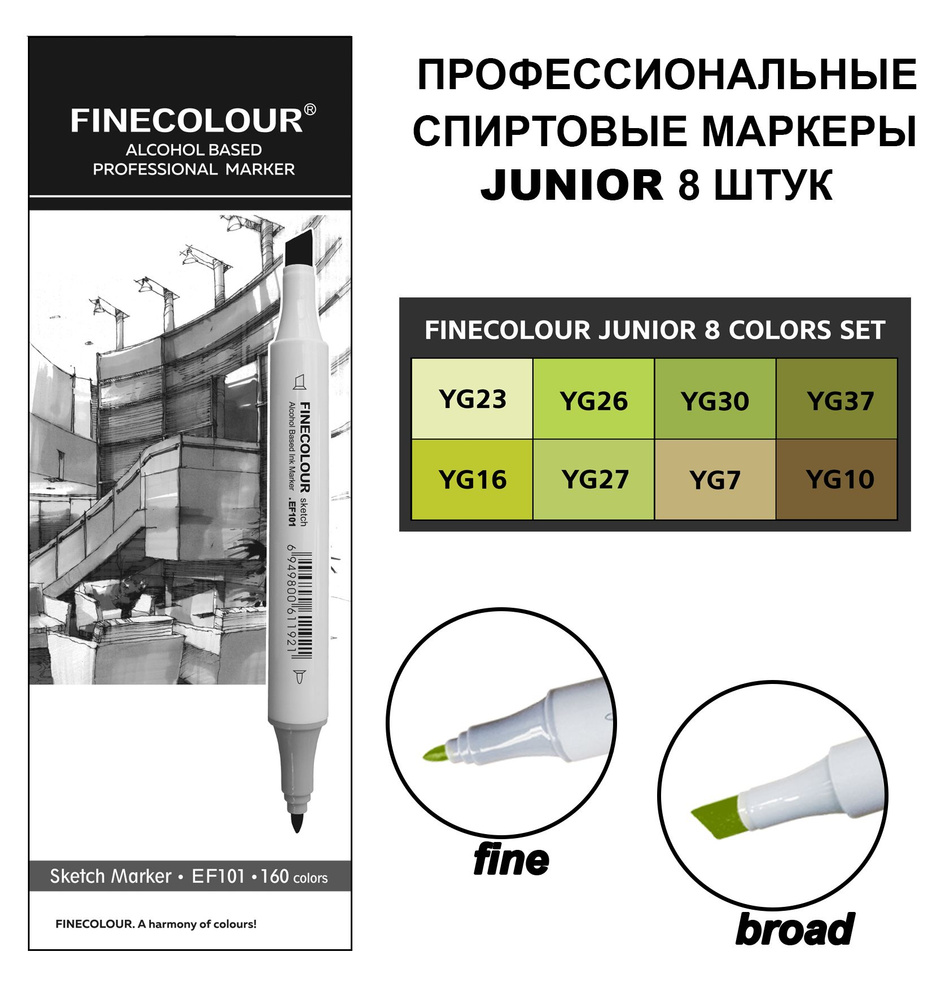 Спиртовые маркеры для скетчинга Finecolour Junior желто-зеленые, 8 шт.  #1