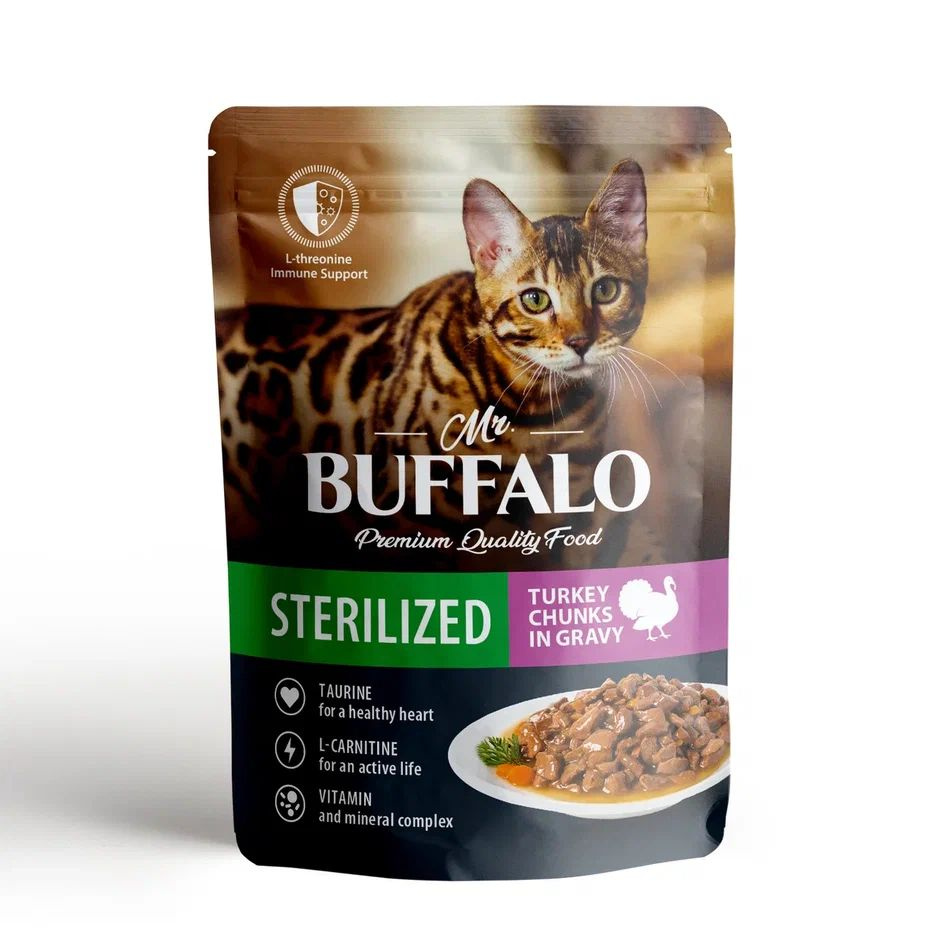 Mr.Buffalo Sterilised влажный корм для взрослых стерилизованных кошек с индейкой в соусе, в паучах - #1