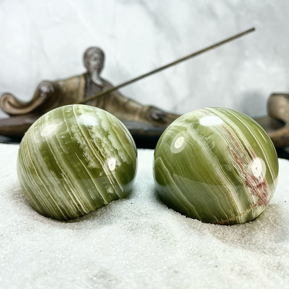 Массажные шары Баодинг Оникс - диаметр 46-49 мм, натуральный камень, цвет зеленый, 2 шт - для стоунтерапии, #1