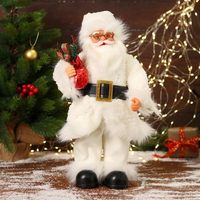 Дед Мороз "В меховом белом костюмчике, с мешком" двигается, 20х40 см  #1