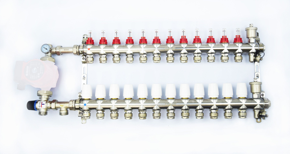 Комплект для теплого пола на 12 выходов (Коллектор VR116-12AK на 12 контуров, Евроконусы, Насосно-Смесительный #1