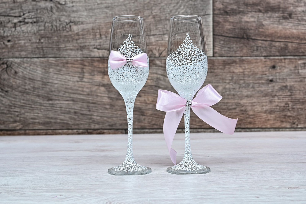 Свадебные бокалы "Горько" для жениха и невесты на свадьбу в бело-розовом цвете  #1
