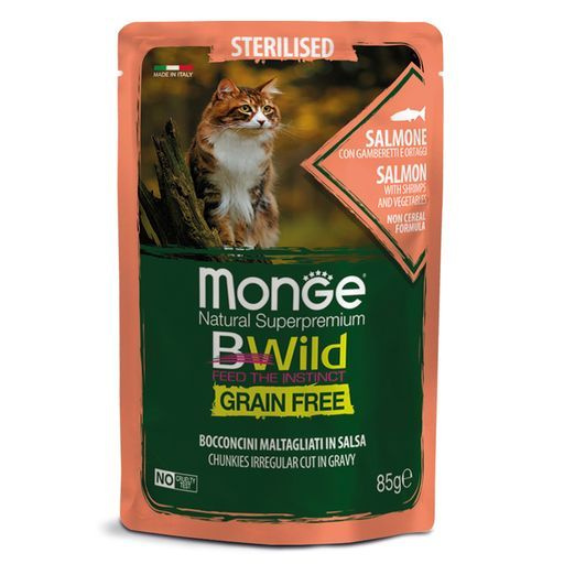 Monge Cat BWild GF влажный корм для стерилизованных кошек, беззерновой, лосось, креветки (28шт в уп) #1