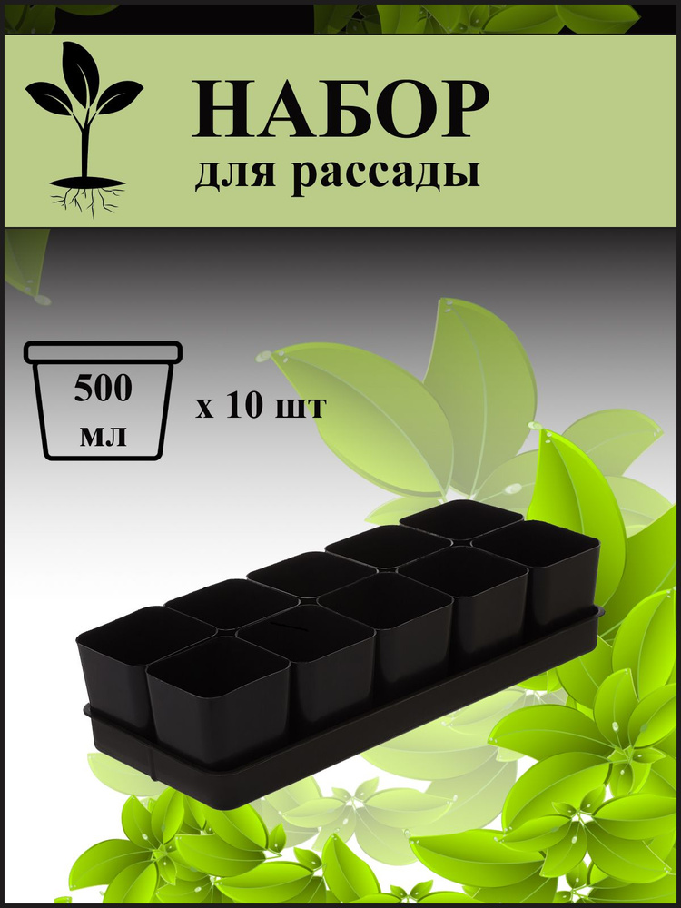 Набор для рассады из 10 шт горшочков по 0,5 л на поддоне, пластиковый черный  #1