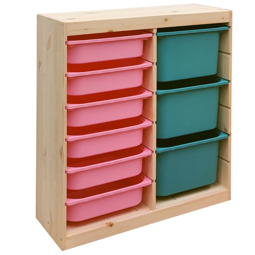 Деревянный стеллаж для игрушек с розовыми (6) и бирюзовыми (3) контейнерами TROFAST, 86.6х30х90.6 см #1