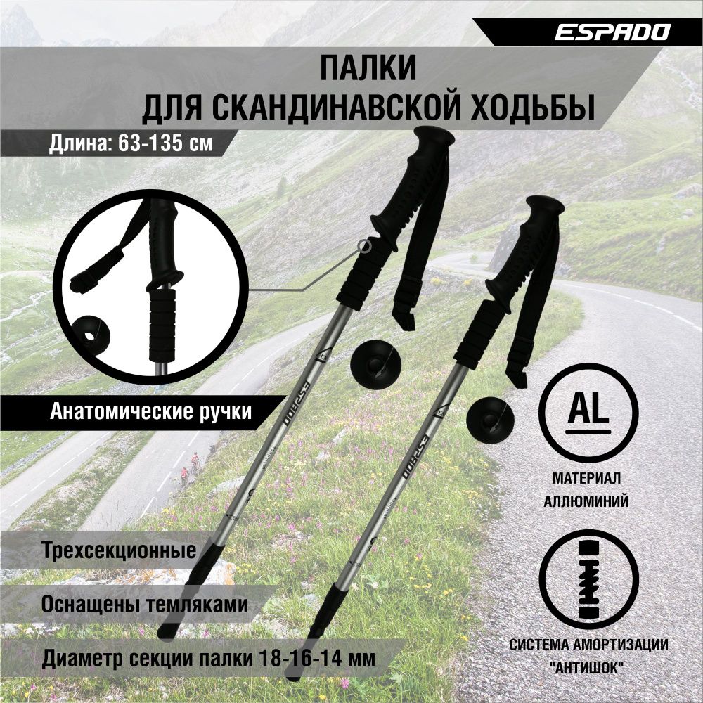 Палки Espado для скандинавской ходьбы с ручкой из пластика, 3-х секционные,2шт, ENW-003, серебристый #1