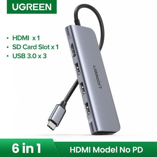 Хаб USB Ugreen CM195 USB Type-C to 3 Ports USB3.0-A Hub + HDMI + TF/SD Space Grey 70410 #1