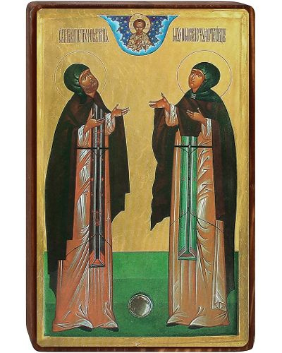 Икона "Святые благоверные Петр и Феврония Муромские" на деревянной основе (6х9 см).  #1