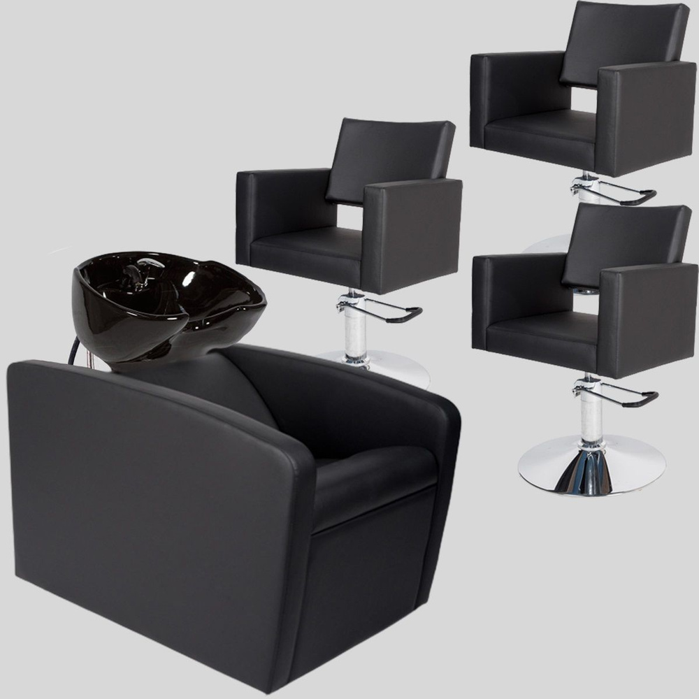 Парикмахерский комплект "Перфект ЭКО", Черный, 3 кресла гидравлика диск, 1 мойка глубокая черная раковина #1