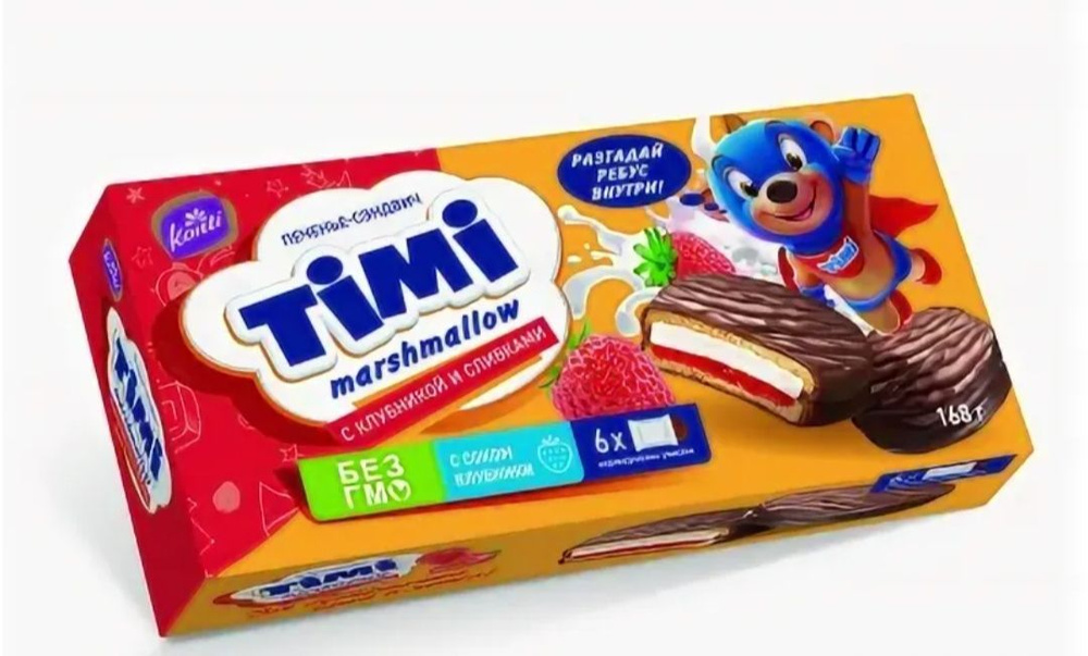 Печенье - сэндвич Timi Marshmallow с клубникой и сливками, 3 упаковки по 6 шт (18 шт)  #1