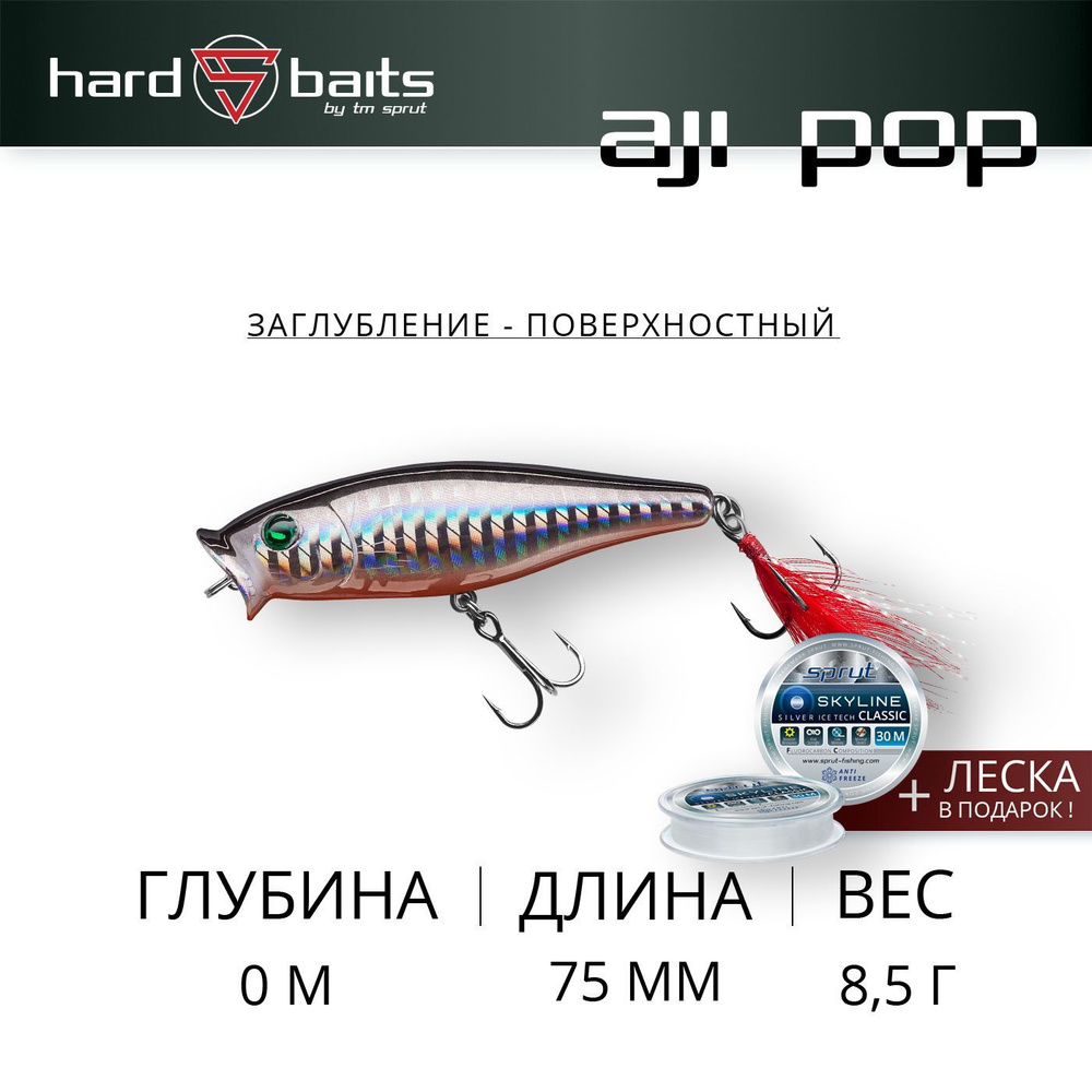 Воблер / Sprut Aji Pop 75TW (Top Water/75mm/8,5g/Top Water/SBK) #1