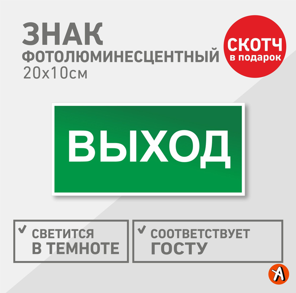 Знак Е22 выход светящийся в темноте, табличка ГОСТ, фотолюм 20*10см 1шт  #1